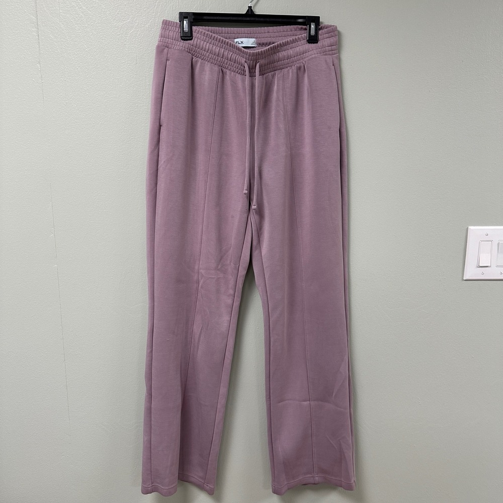 FLX Womens High Rise Pintuck Wide Leg Sweatpants Mauve Purple Size L Long